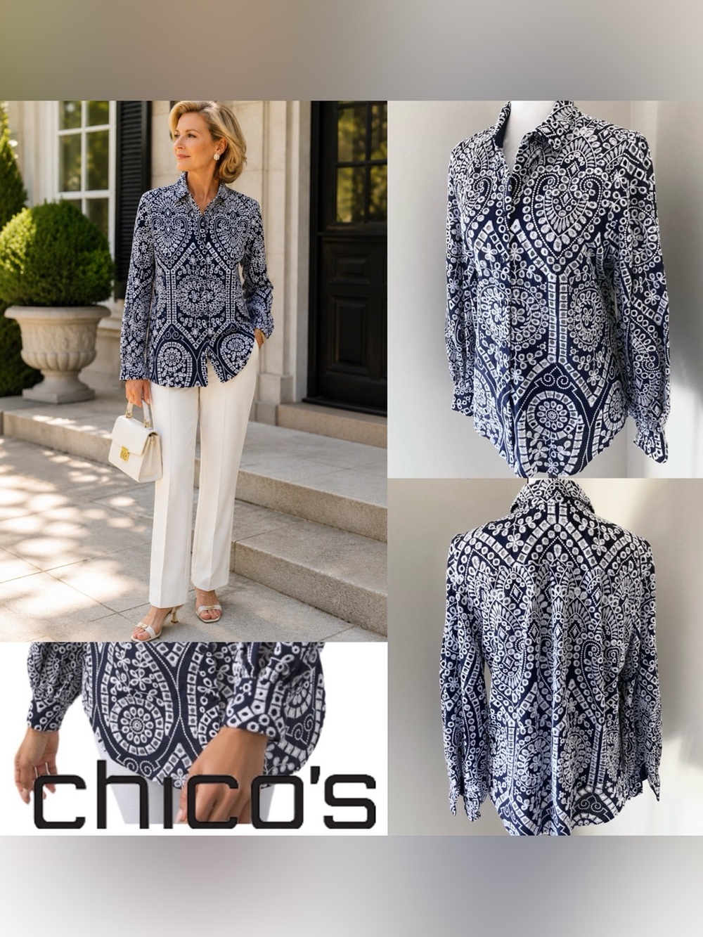 Chico's Eyelet Billow Sleeve Shirt Navy and White Size 14 Embroidered Eyelet.
